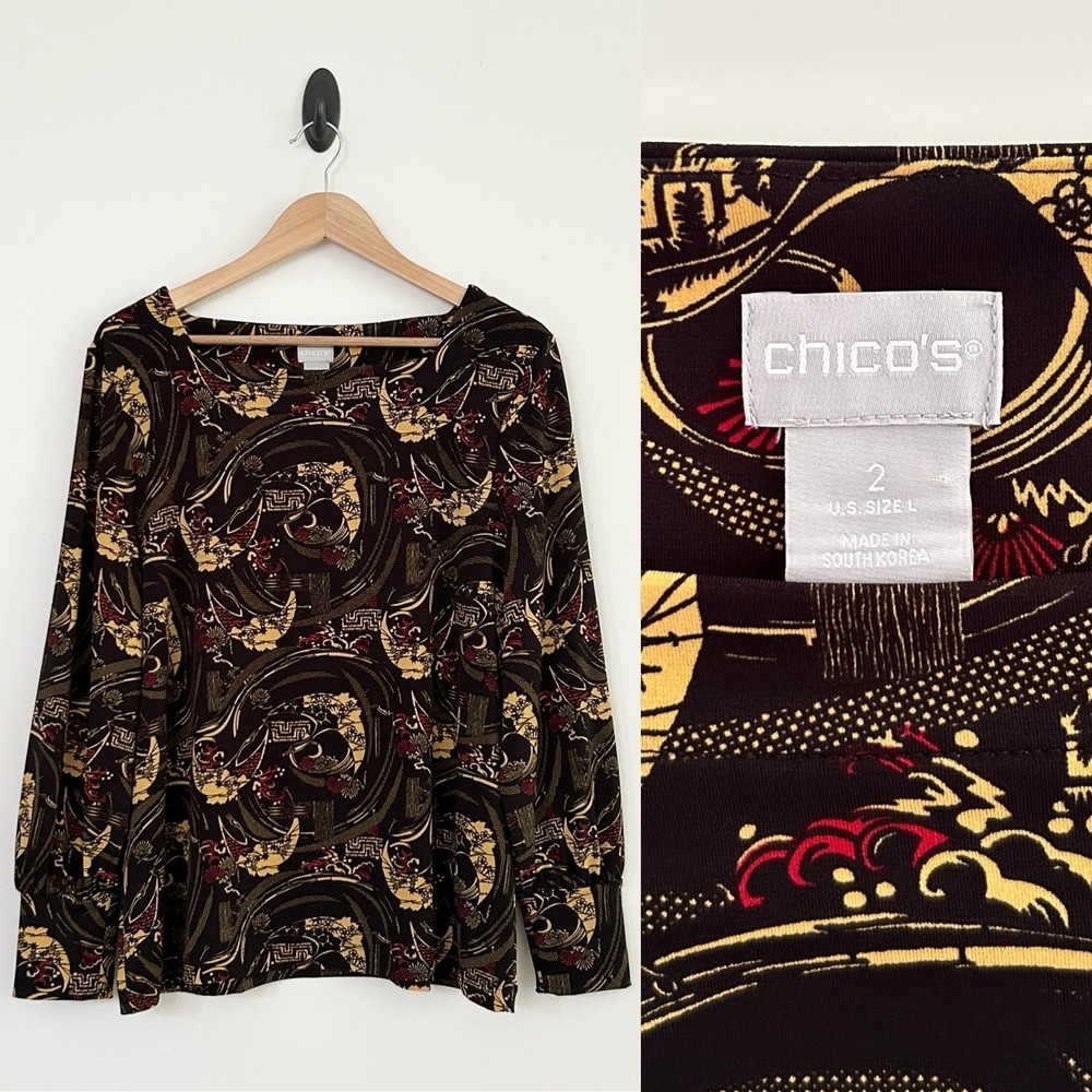 Chico's Women's Large Black Yellow 2 Long Sleeve Oriental Theme Pullover Top NEW